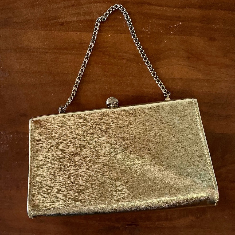 Vintage Gold Metallic Structured Evening Clutch Bag Chain Strap + Clasp Closure - Picture 3 of 13